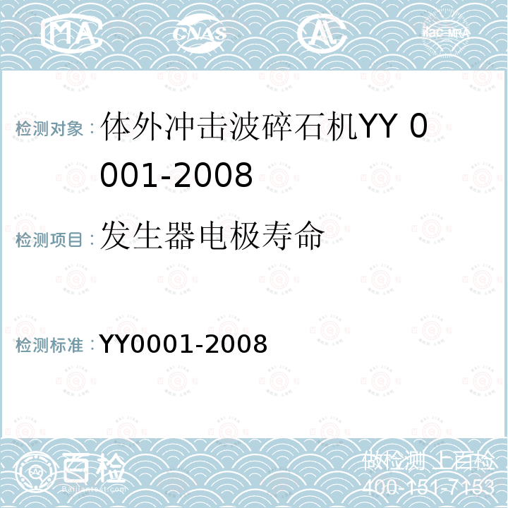 发生器电极寿命 YY/T 0001-2008 【强改推】体外引发碎石设备技术要求