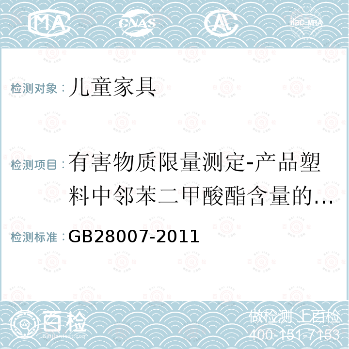 有害物质限量测定-产品塑料中邻苯二甲酸酯含量的测定 儿童家具通用技术条件