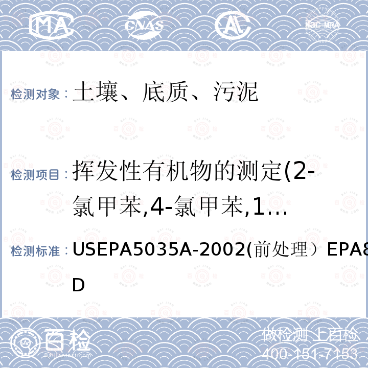 挥发性有机物的测定(2-氯甲苯,4-氯甲苯,1,2-二溴-3-氯丙烷,1,2-二溴乙烷 (EDB,二溴乙烯),二溴甲烷,1,2-二氯苯,1,3-二氯苯,1,4-二氯苯,顺式-1，4-二氯-2-丁烯,反式-1，4-二氯-2-丁烯,二氯二氟甲烷) USEPA 5035A 挥发性有机物的测定 气相色谱/质谱法（GC/MS）