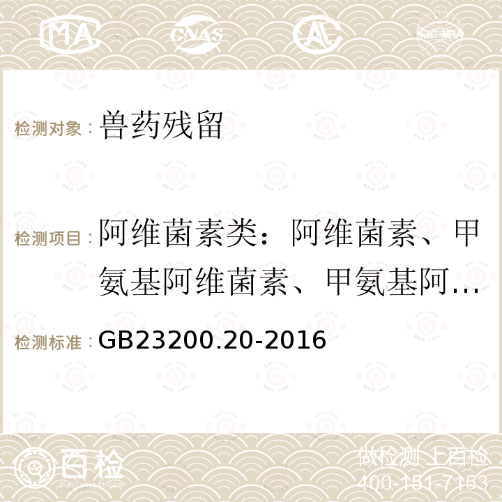 阿维菌素类：阿维菌素、甲氨基阿维菌素、甲氨基阿维菌素苯甲酸盐；伊维菌素、甲氨基伊维菌素、甲氨基伊维菌素苯甲酸盐；多拉菌素 GB 23200.20-2016 食品安全国家标准 食品中阿维菌素残留量的测定液相色谱-质谱/质谱法