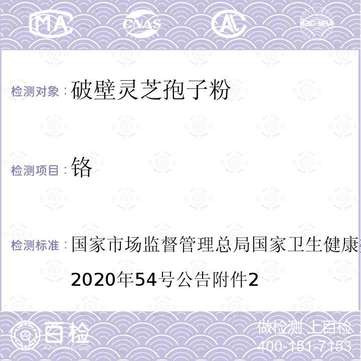 铬 国家市场监督管理总局国家卫生健康委员会国家中医药管理局2020年54号公告附件2 保健食品原料目录 破壁灵芝孢子粉 及原料技术要求