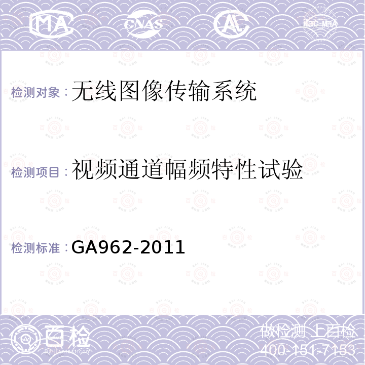 视频通道幅频特性试验 GA 962-2011 公安专用无线视音频传输系统设备技术规范