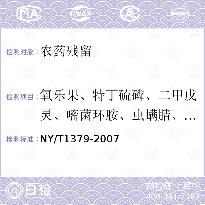 氧乐果、特丁硫磷、二甲戊灵、嘧菌环胺、虫螨腈、噁霜灵、噻节因、霜霉威和霜霉威盐酸盐、氟菌唑、精恶唑禾草灵、精二甲吩草胺、抗蚜威、氟虫腈、溴螨酯 NY/T 1379-2007 蔬菜中334种农药多残留的测定气相色谱质谱法和液相色谱质谱法