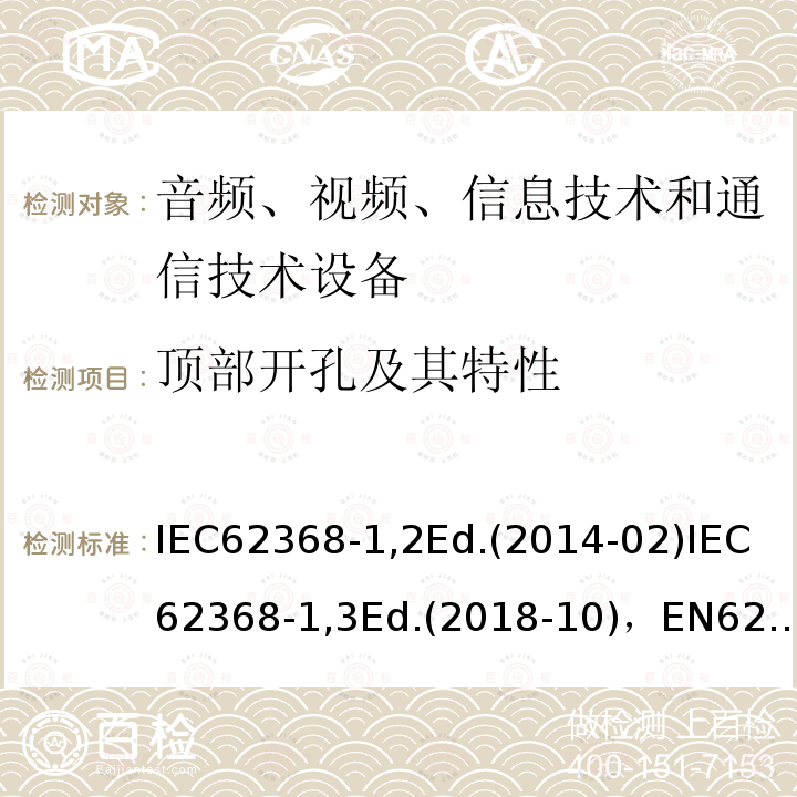 顶部开孔及其特性 IEC 62368-1-2018 音频/视频、信息和通信技术设备 第1部分:安全要求