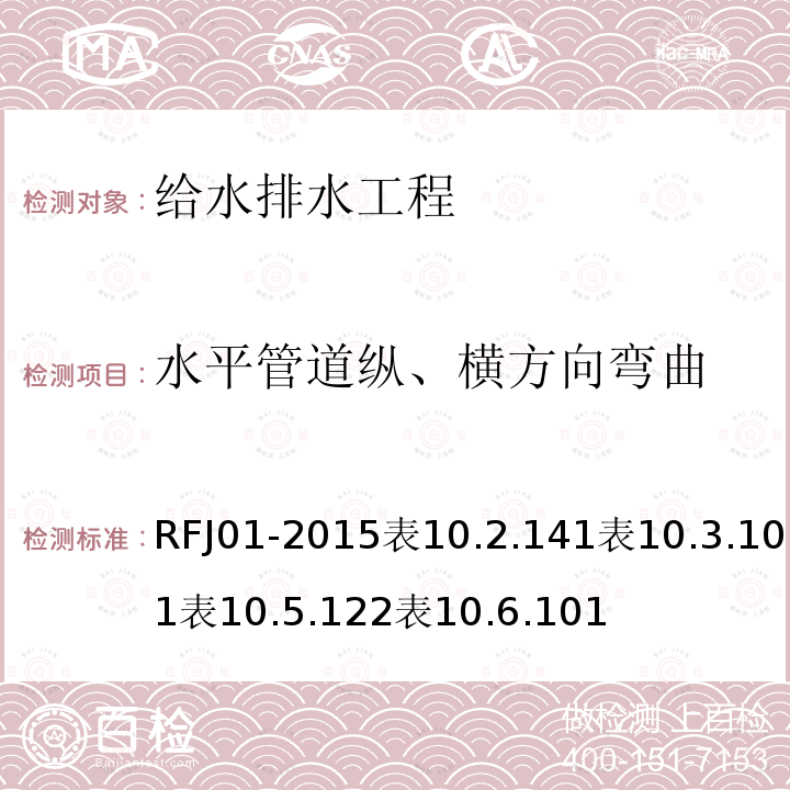 水平管道纵、横方向弯曲 RFJ01-2015表10.2.141表10.3.101表10.5.122表10.6.101 人民防空工程质量验收与评价标准