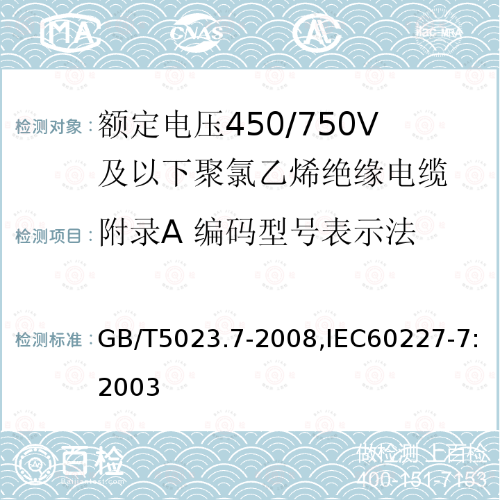 附录A 编码型号表示法 GB/T 5023.7-2008 额定电压450/750V及以下聚氯乙烯绝缘电缆 第7部分:二芯或多芯屏蔽和非屏蔽软电缆