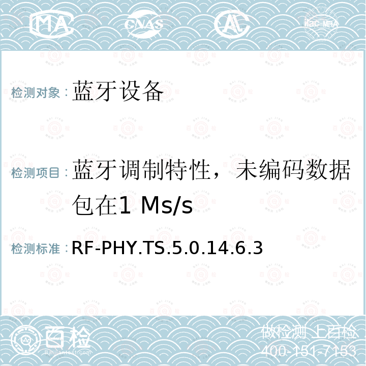 蓝牙调制特性，未编码数据包在1 Ms/s RF-PHY.TS.5.0.14.6.3 蓝牙低功耗射频测试规范