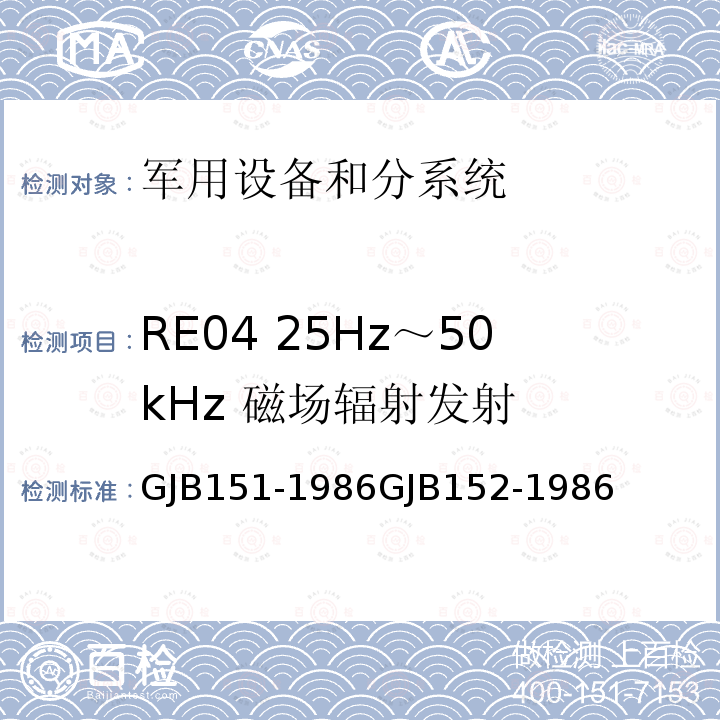 RE04 25Hz～50kHz 磁场辐射发射 军用设备和分系统电磁发射和敏感度测量