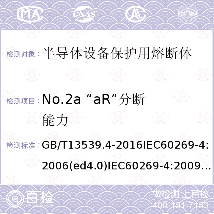 No.2a “aR”分断能力 GB/T 13539.4-2016 低压熔断器 第4部分:半导体设备保护用熔断体的补充要求