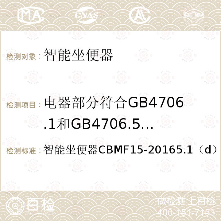 电器部分符合GB4706.1和GB4706.53标准要求 CBMF 15-20 智能坐便器 16 5.1（d）