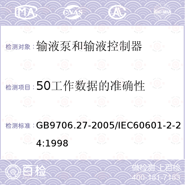 50工作数据的准确性 GB 9706.27-2005 医用电气设备 第2-24部分:输液泵和输液控制器安全专用要求