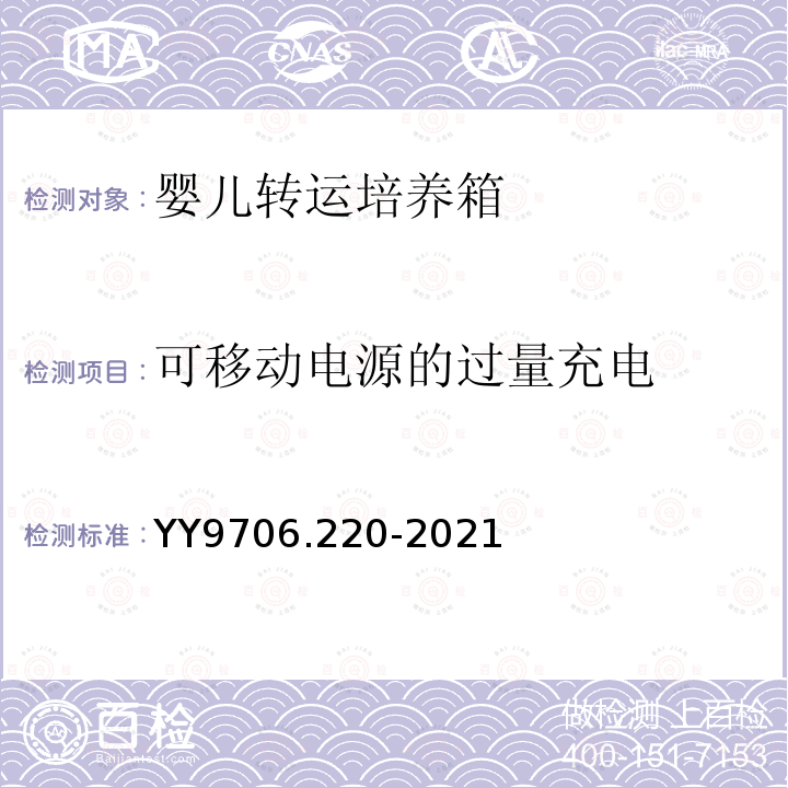 可移动电源的过量充电 YY 9706.220-2021 医用电气设备 第2-20部分:婴儿转运培养箱的基本安全和基本性能专用要求