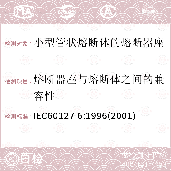 熔断器座与熔断体之间的兼容性 IEC 60127.6:1996 小型熔断器 第六部分：小型管状熔断体的熔断器座