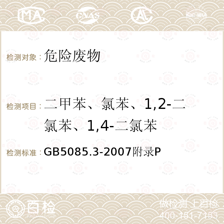 二甲苯、氯苯、1,2-二氯苯、1,4-二氯苯 危险废物鉴别标准 浸出毒性鉴别（附录O 固体废物 挥发性有机化合物的测定 气相色谱/质谱法）