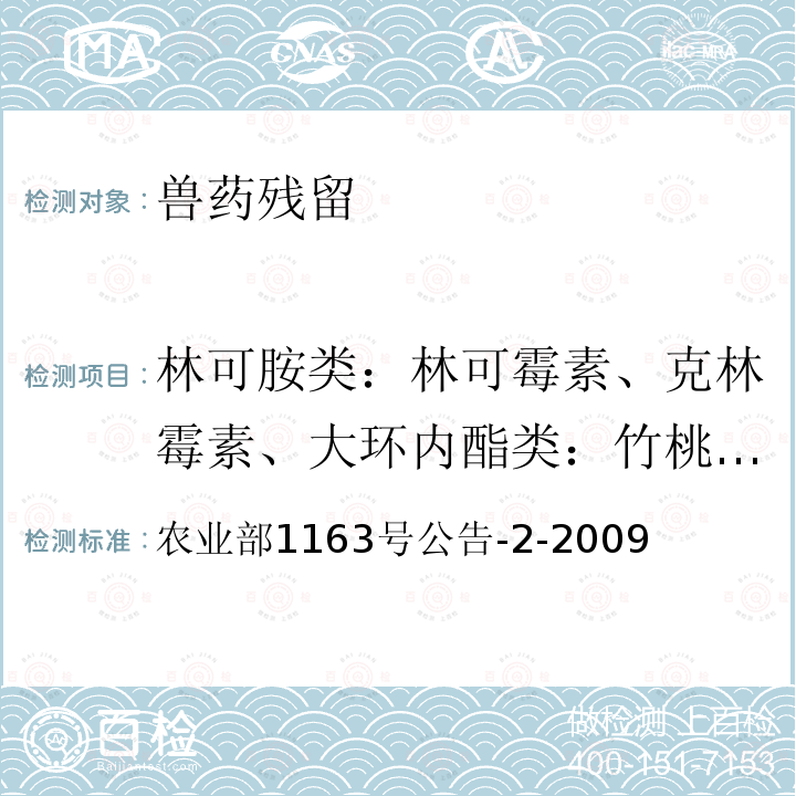 林可胺类：林可霉素、克林霉素、大环内酯类：竹桃霉素，红霉素、麦迪霉素、螺旋霉素、乙酰螺旋霉素、阿奇霉素、克拉霉素、罗红霉素、替米考星、泰乐菌素、吉它霉素 农业部1163号公告-2-2009 动物性食品中林可霉素和大观霉素残留检测 气相色谱法