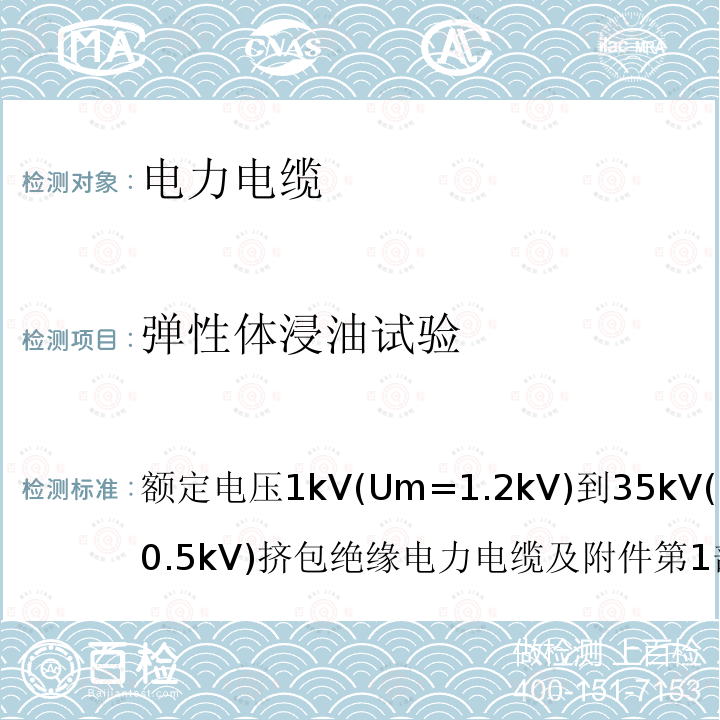 弹性体浸油试验 额定电压1kV(Um=1.2kV)到35kV(Um=40.5kV)挤包绝缘电力电缆及附件 第1部分：额定电压1kV(Um=1.2kV)和3kV(Um=3.6kV)电缆 GB/T12706.1-2008 18.12