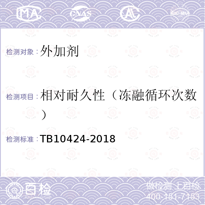 相对耐久性（冻融循环次数） TB 10424-2018 铁路混凝土工程施工质量验收标准(附条文说明)