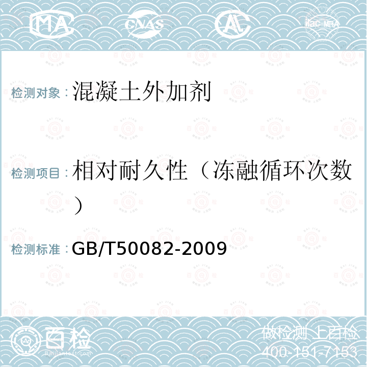 相对耐久性（冻融循环次数） 普通混凝土长期性能和耐久性能试验方法标准