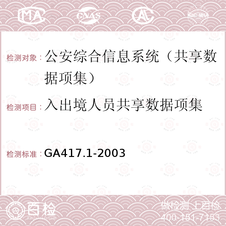 入出境人员共享数据项集 GA 417.1-2003 公安综合信息系统规范 第1部分:共享数据项集