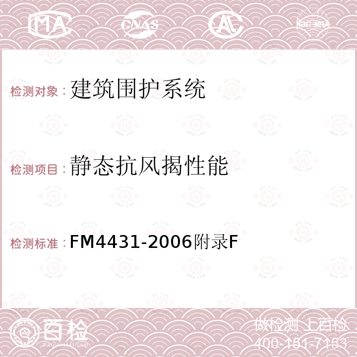 静态抗风揭性能 FM4431-2006附录F 天窗认证标准