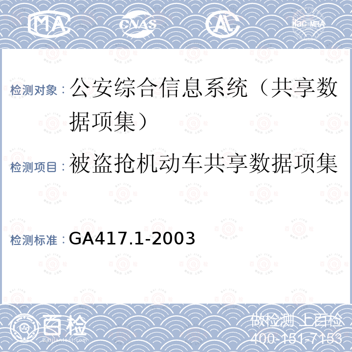 被盗抢机动车共享数据项集 GA 417.1-2003 公安综合信息系统规范 第1部分:共享数据项集