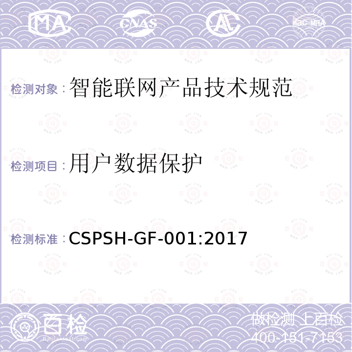 用户数据保护 CSPSH-GF-001:2017 信息安全技术 智能联网产品网络信息安全技术规范