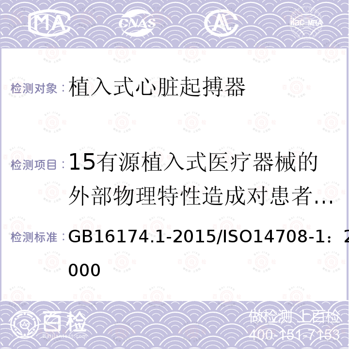 15有源植入式医疗器械的外部物理特性造成对患者或使用者伤害的防护 GB 16174.1-2015 手术植入物 有源植入式医疗器械 第1部分:安全、标记和制造商所提供信息的通用要求