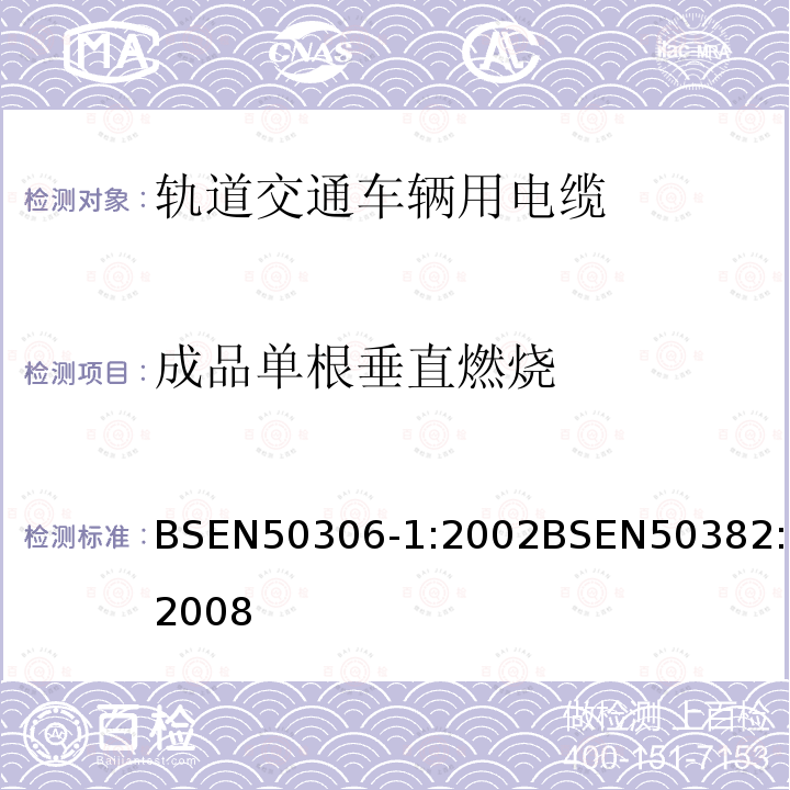 成品单根垂直燃烧 BSEN 50306-1:2002 铁路应用－具有特殊防火性能的铁路车辆用电缆