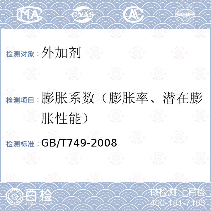 膨胀系数（膨胀率、潜在膨胀性能） GB/T 749-2008 水泥抗硫酸盐侵蚀试验方法