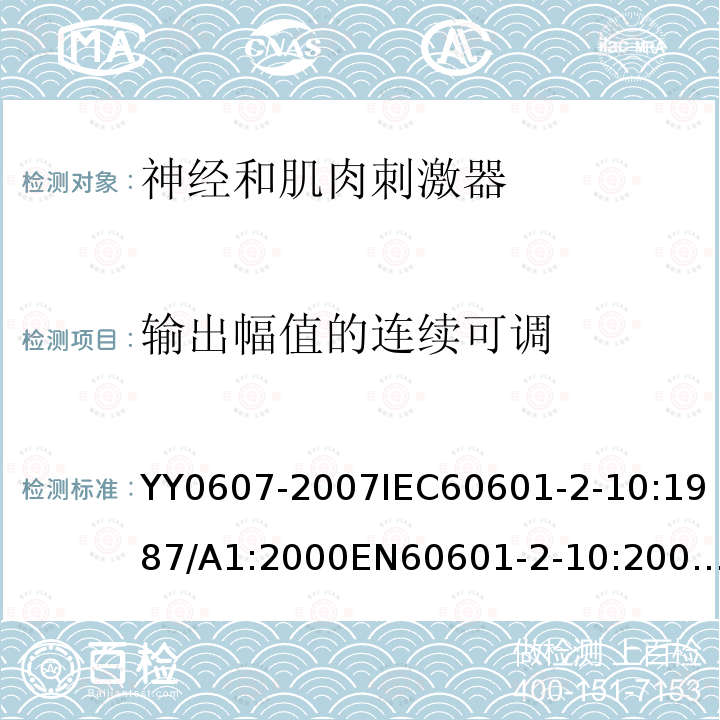 输出幅值的连续可调 YY 0607-2007 医用电气设备 第2部分:神经和肌肉刺激器安全专用要求