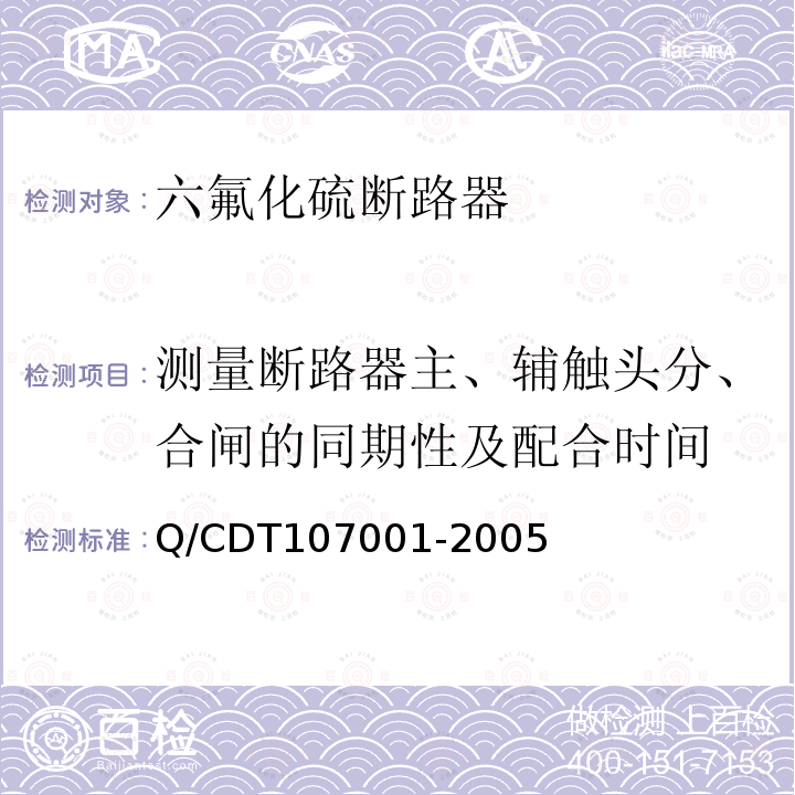 测量断路器主、辅触头分、合闸的同期性及配合时间 Q/CDT107001-2005 电力设备交接和预防性试验规程