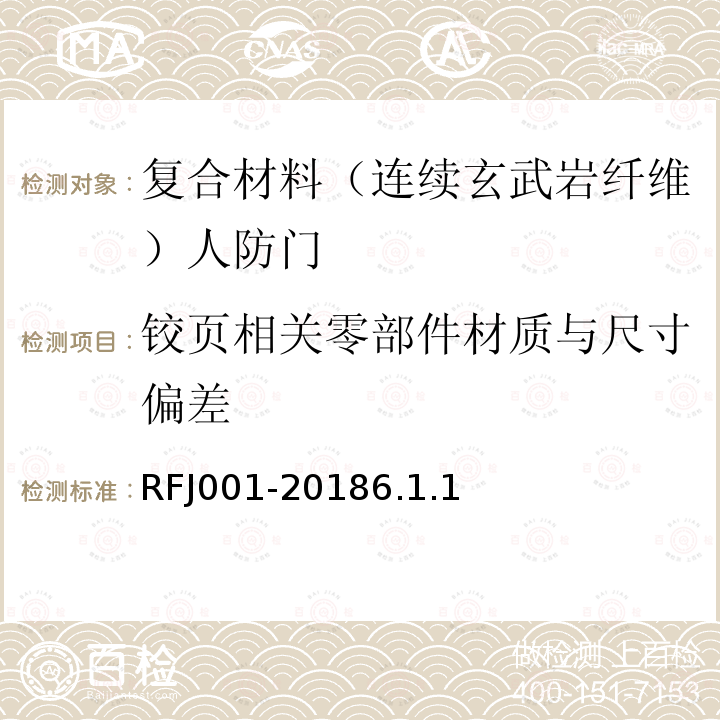 铰页相关零部件材质与尺寸偏差 RFJ001-20186.1.1 人民防空工程复合材料（连续玄武岩纤维）防护密闭门、密闭门质量检测标准