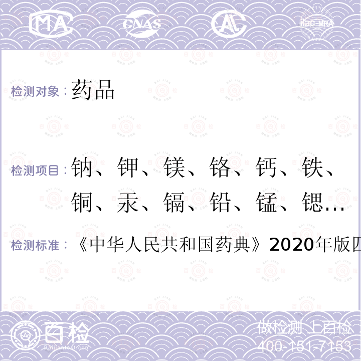 钠、钾、镁、铬、钙、铁、铜、汞、镉、铅、锰、锶、硒、铋、镍 《中华人民共和国药典》2020年版四部0406 原子吸收分光光度法
