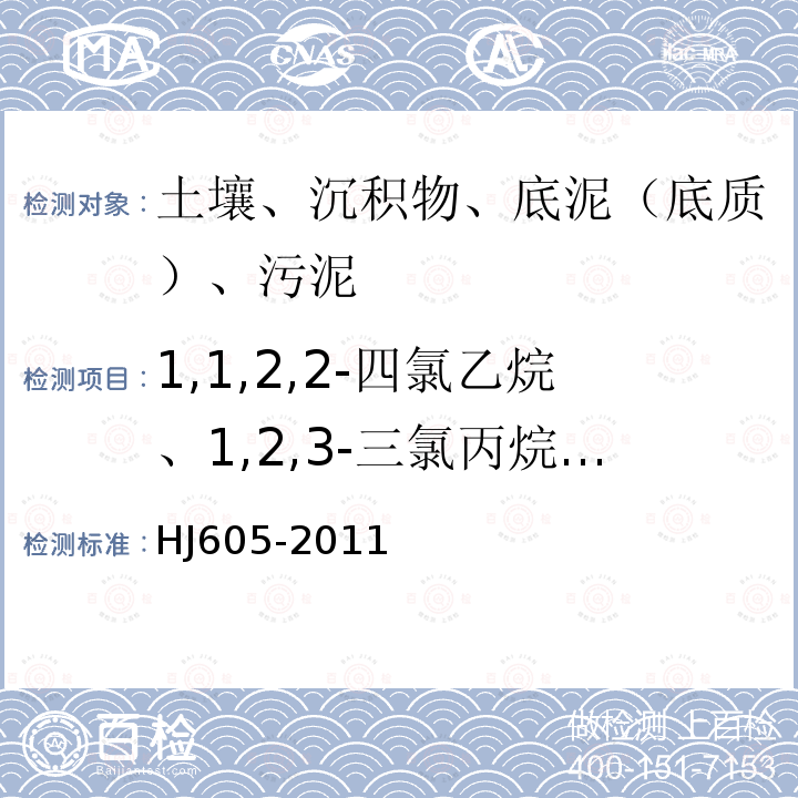 1,1,2,2-四氯乙烷、1,2,3-三氯丙烷、正丙苯、2-氯甲苯、1,3,5-三甲基苯、4-氯甲苯、叔丁基苯、1,2,4-三甲基苯、仲丁基苯、1,3-二氯苯、4-异丙基甲苯、1,4-二氯苯-D4、1,4-二氯苯、正丁基苯、1,2-二氯苯、1,2-二溴-3-氯丙烷、1,2,4-三氯苯、六氯丁二烯、萘、1,2,3-三氯苯 HJ 605-2011 土壤和沉积物 挥发性有机物的测定 吹扫捕集/气相色谱-质谱法