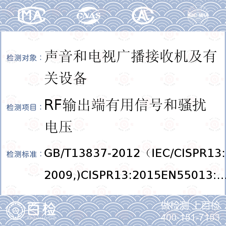 RF输出端有用信号和骚扰电压 声音和电视广播接收机及有关设备 无线电骚扰特性 限值和测量方法