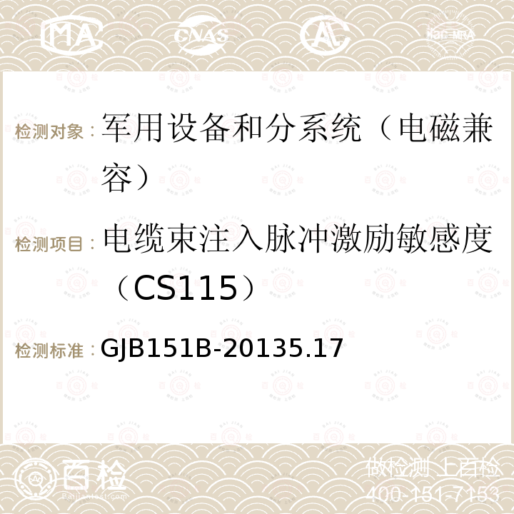 电缆束注入脉冲激励敏感度（CS115） 军用设备和分系统 电磁发射和敏感度要求与测量