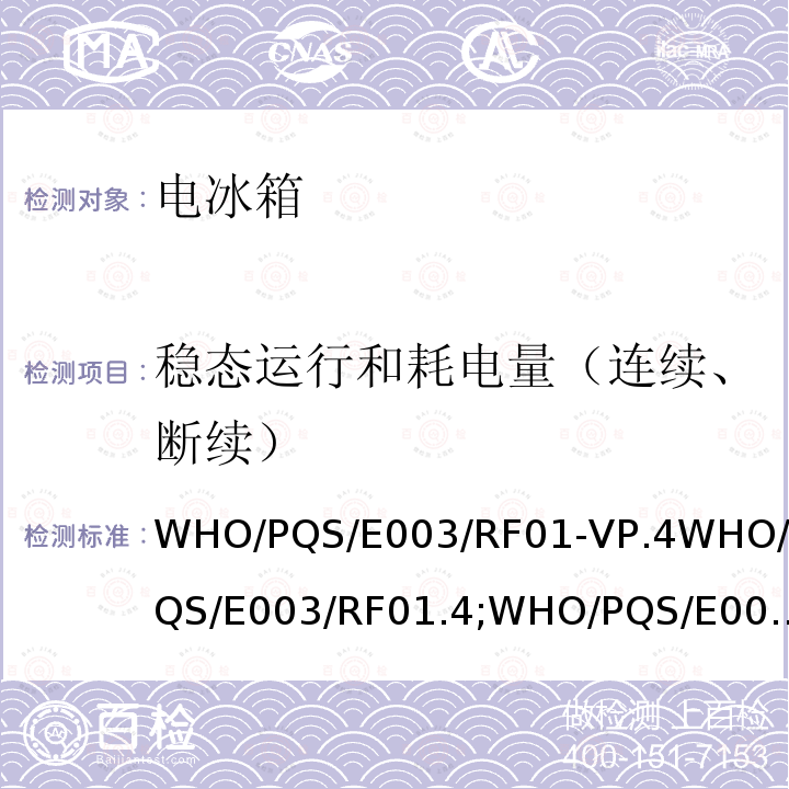 稳态运行和耗电量（连续、断续） 冷藏柜或冷藏-冰袋组合冷柜 压缩式循环