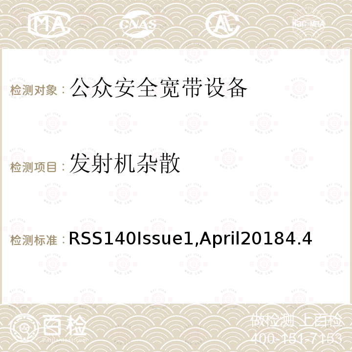 发射机杂散 RSS140Issue1,April20184.4 运行在公共安全宽频频带758-768 MHz和788-798 MHz的设备