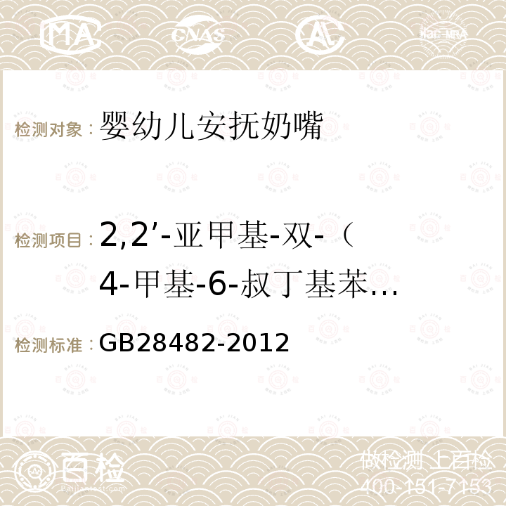 2,2’-亚甲基-双-（4-甲基-6-叔丁基苯酚）（抗氧化剂2246）释放量 婴幼儿安抚奶嘴安全要求