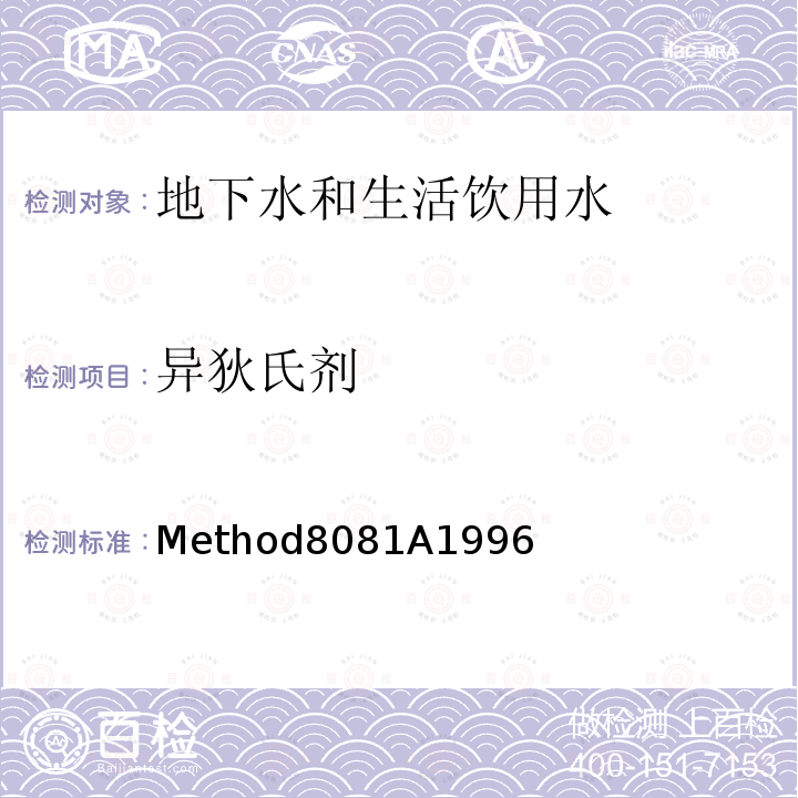 异狄氏剂 Method8081A1996 美国国家环保局（U.S.EPA）气相色谱测定有机氯农药