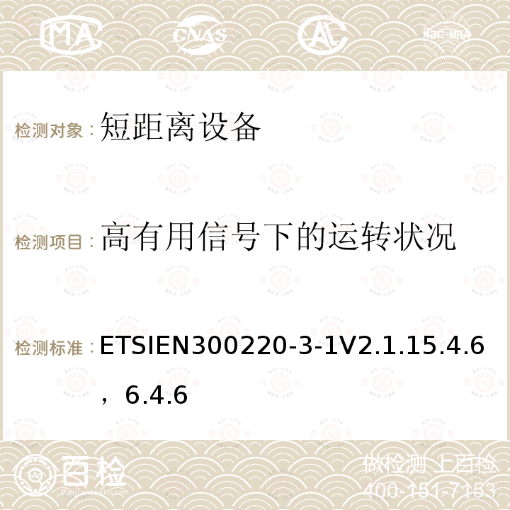 高有用信号下的运转状况 电磁兼容和射频频谱特性规范；短距离设备；频率范围从25MHz至1000MHz，第3-1部分：协调标准，根据2014/53/EU指令章节3.2，对于低占空比高可靠性，社会报警设备运转在869,200 MHz to 869,250 MHz频率范围