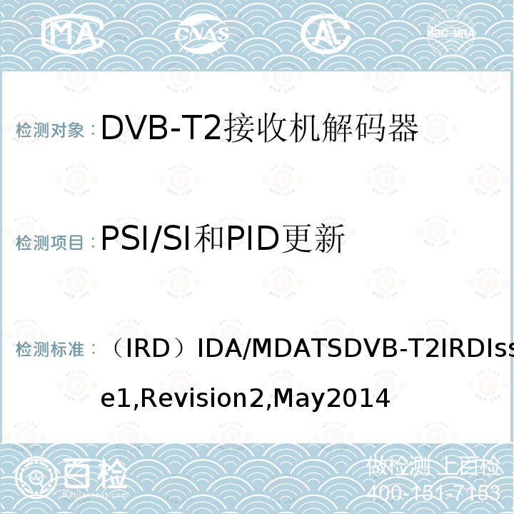 PSI/SI和PID更新 （IRD）IDA/MDATSDVB-T2IRDIssue1,Revision2,May2014 用于第二代数字地面电视广播系统的集成接收机解码器