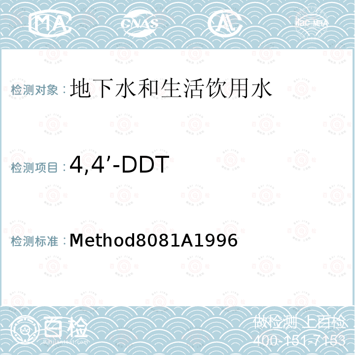 4,4’-DDT Method8081A1996 美国国家环保局（U.S.EPA）气相色谱测定有机氯农药