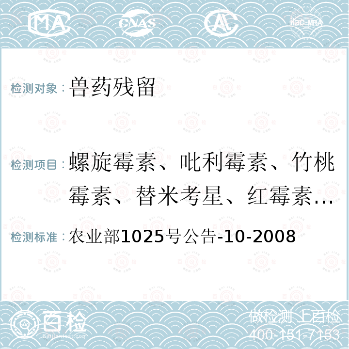 螺旋霉素、吡利霉素、竹桃霉素、替米考星、红霉素、泰乐菌素 农业部1025号公告-10-2008 动物性食品中替米考星残留检测 高效液相色谱法