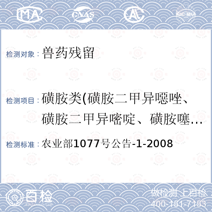 磺胺类(磺胺二甲异噁唑、磺胺二甲异嘧啶、磺胺噻唑、磺胺吡啶、磺胺间甲氧嘧啶、磺胺甲氧哒嗪、磺胺甲噁唑、磺胺甲噻二唑、磺胺二甲基嘧啶、磺胺对甲氧嘧啶、磺胺甲基嘧啶、磺胺胍、磺胺邻二甲氧嘧啶、磺胺间二甲氧嘧啶、磺胺嘧啶、磺胺氯哒嗪、磺胺喹噁啉） 农业部1077号公告-1-2008 水产品中17种磺胺类及15种喹诺酮类药物残留量的测定 液相色谱-串联质法