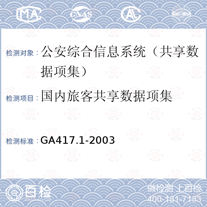 国内旅客共享数据项集 GA 417.1-2003 公安综合信息系统规范 第1部分:共享数据项集