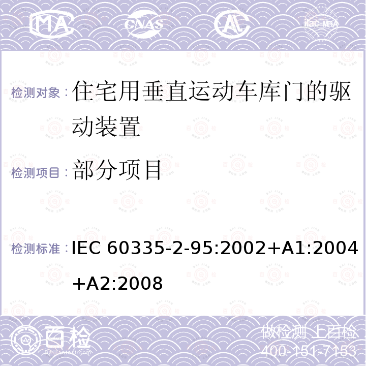 部分项目 IEC 60335-2-95-2011+Amd 1-2015 家用和类似用途电器的安全 第2-95部分:住宅用垂直运动车库门的驱动装置的特殊要求