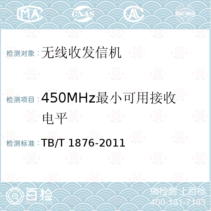 450MHz最小可用接收电平 450MHz铁路列车无线电通信最小可用接收电平及其测量方法 TB/T 1876-2011 5