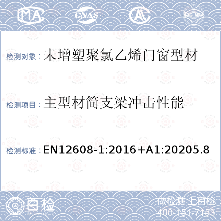 主型材简支梁冲击性能 门窗型材的制造中的未增塑聚(氯乙烯)(PVC-U)分类、要求和测试方法 第1部分:有浅色的表面的非涂布PVC-U型材