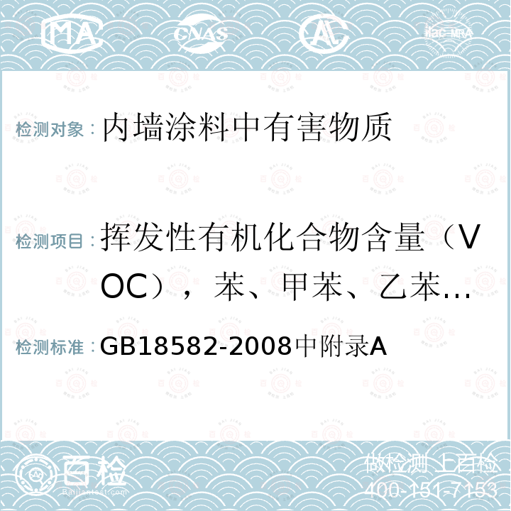 挥发性有机化合物含量（VOC），苯、甲苯、乙苯和二甲苯总和 GB 18582-2008 室内装饰装修材料 内墙涂料中有害物质限量